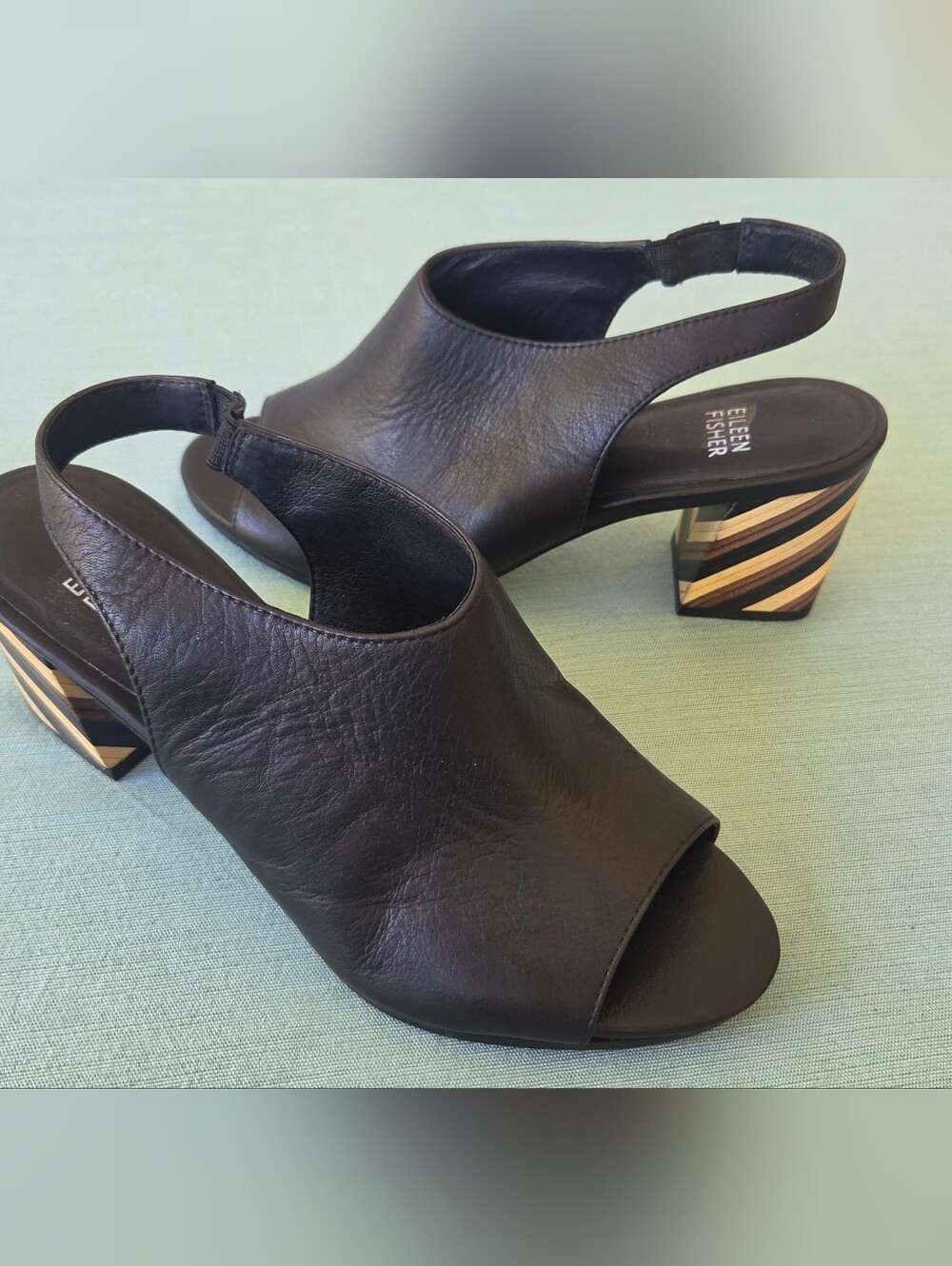 Eileen Fisher Black Leather Open-Toe Slingback Sandal with Block Heel. Sz 8